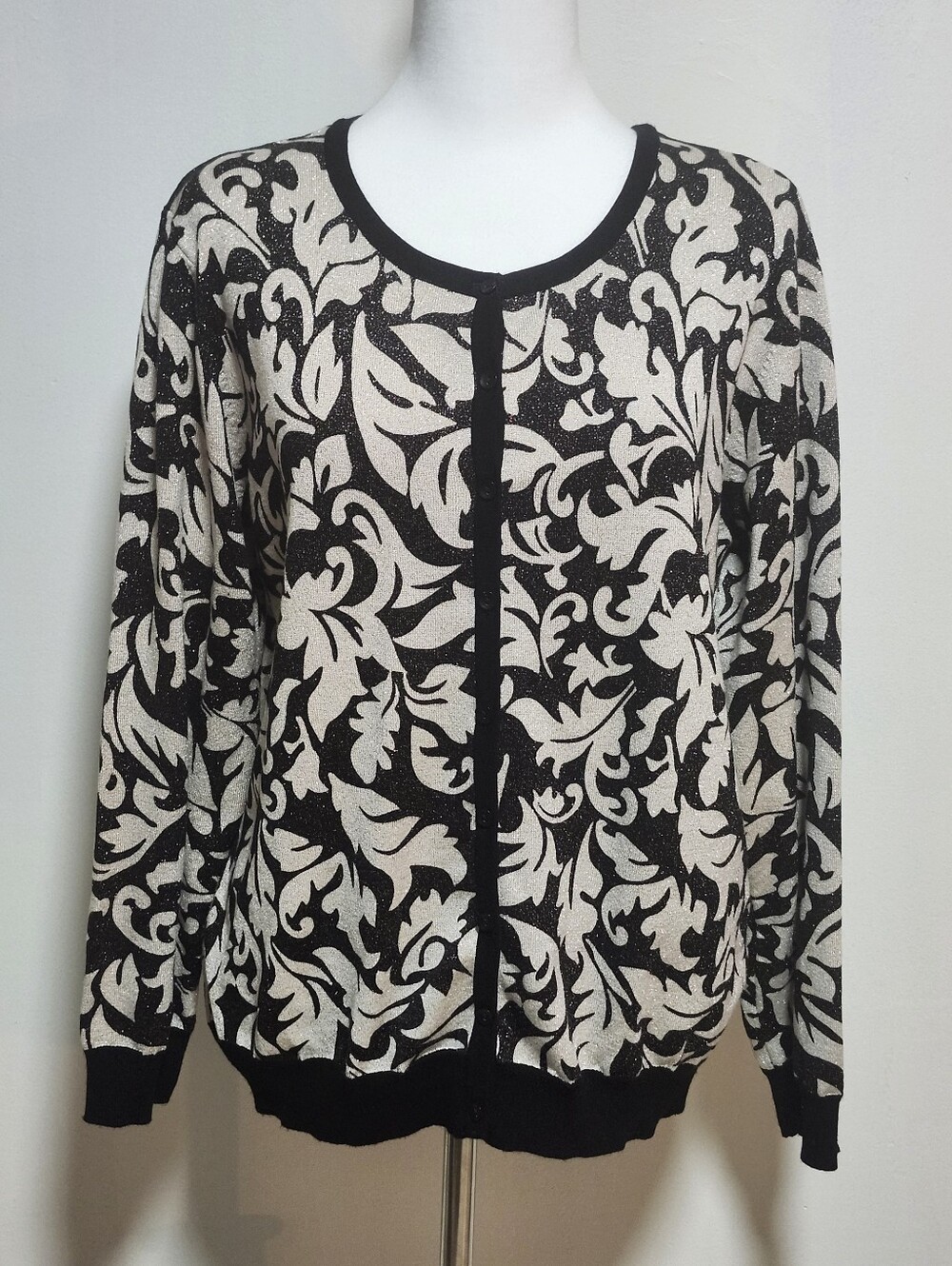 cleo Black and Cream Floral Trim Cardigan With Metallic Gold Shimmer.